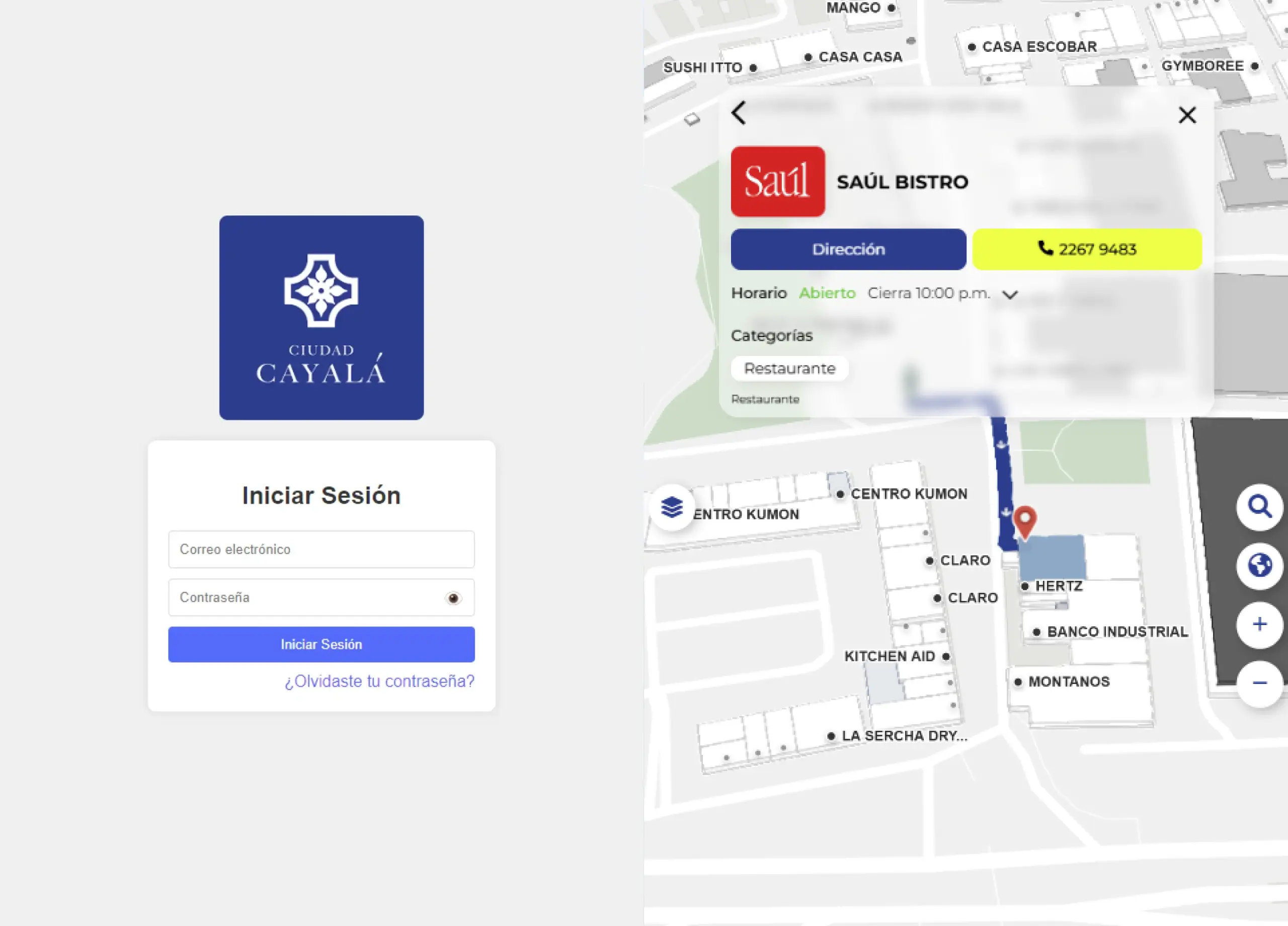 La interfaz de wayfinding: inicio de sesión de administrador junto al mapa con los locales marcados.