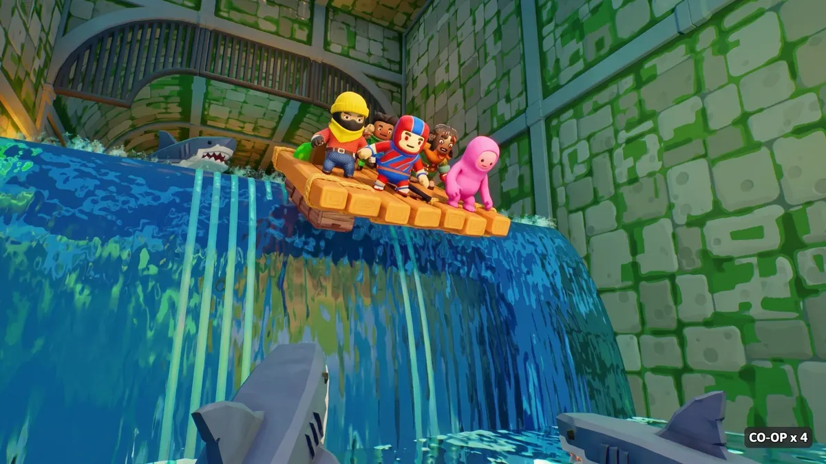 Sponge Break: una tripulación en una balsa al borde de una cascada, con la etiqueta co-op x4.