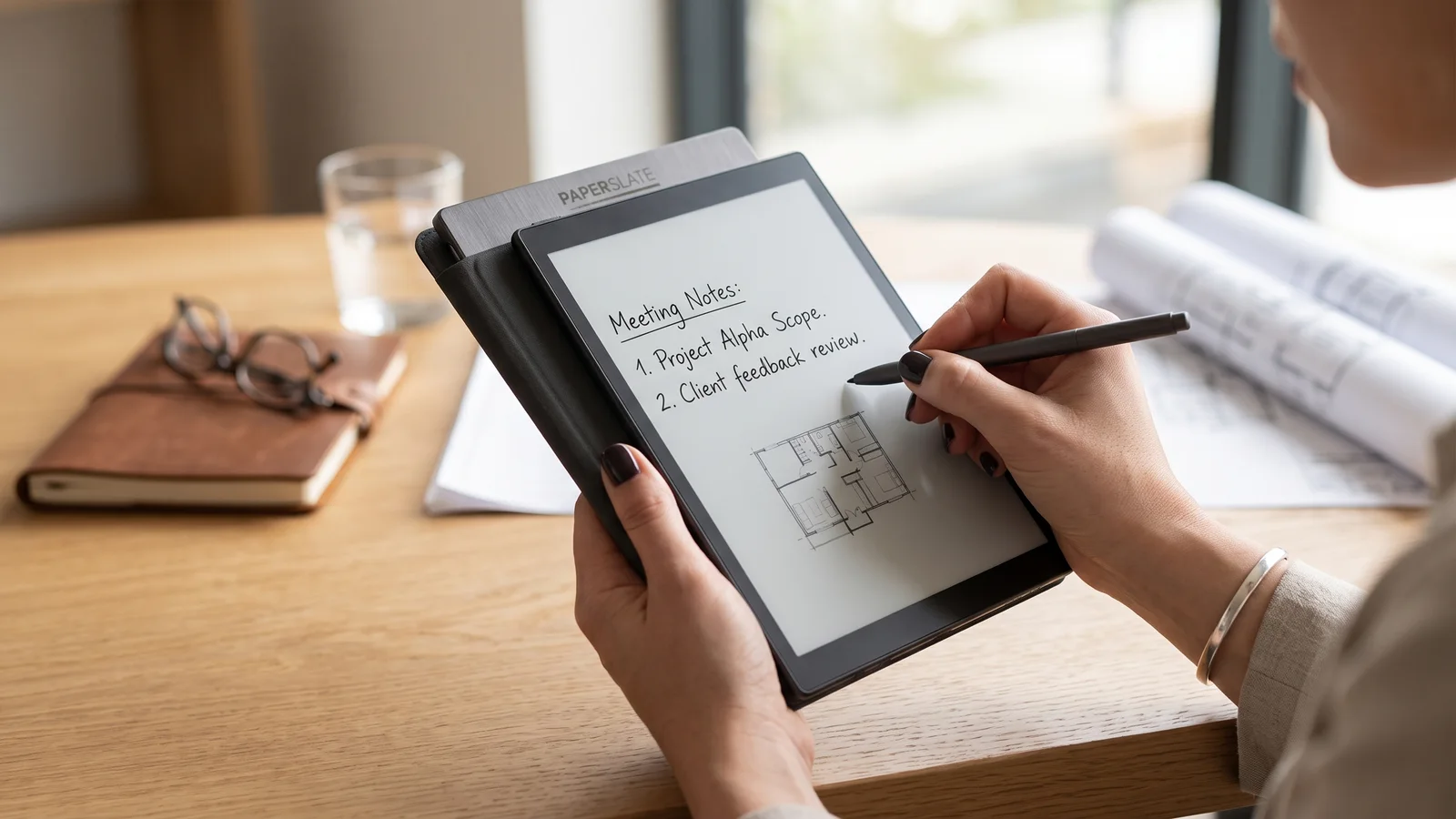Una mano escribe notas de reunión y un esquema en la tableta E-Ink de Paperslate.