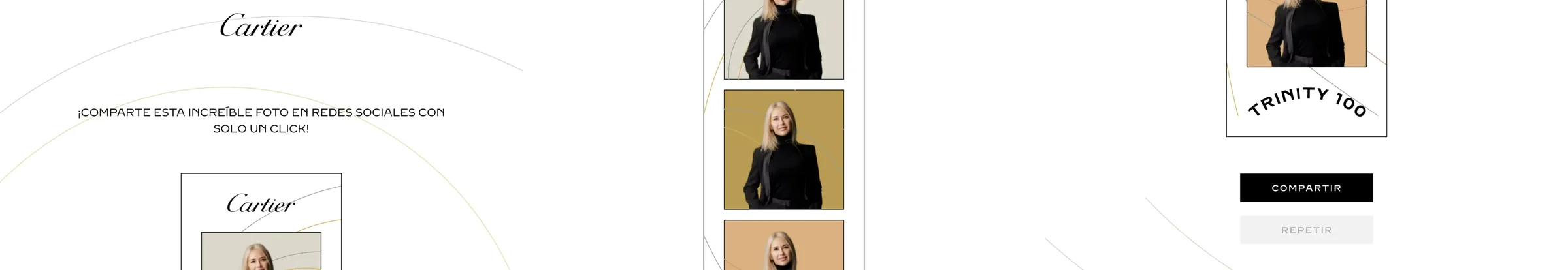 Tres pantallas seguidas: compartir en redes con un clic, la tira de tres fotos y la impresión final.