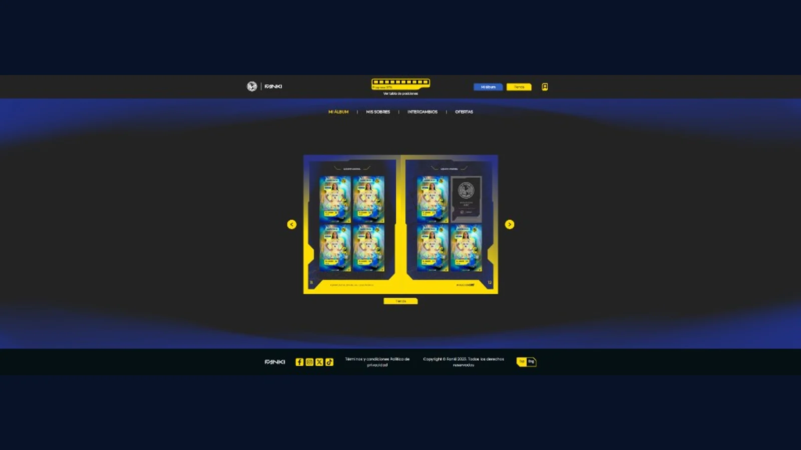 The web album: two pages of sticker slots, page arrows, the four tabs and the progress bar.