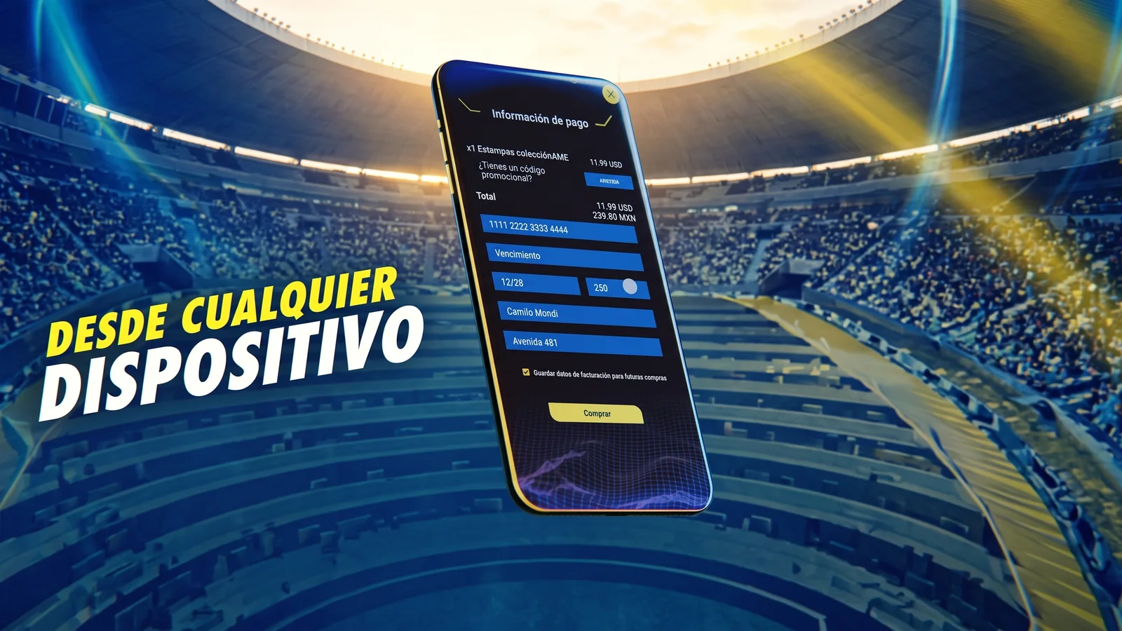 From any device: the sticker checkout on a phone, set against a stadium in the club's colors.