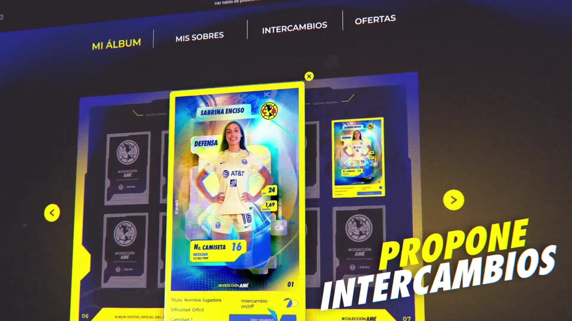 Propose trades: a holographic player sticker over the album pages, ready to offer to another fan.