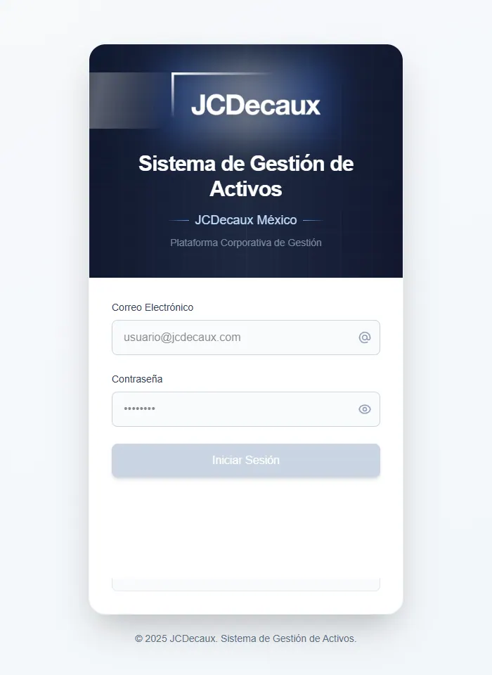 Inicio de sesión corporativo del Sistema de Gestión de Activos de JCDecaux México.