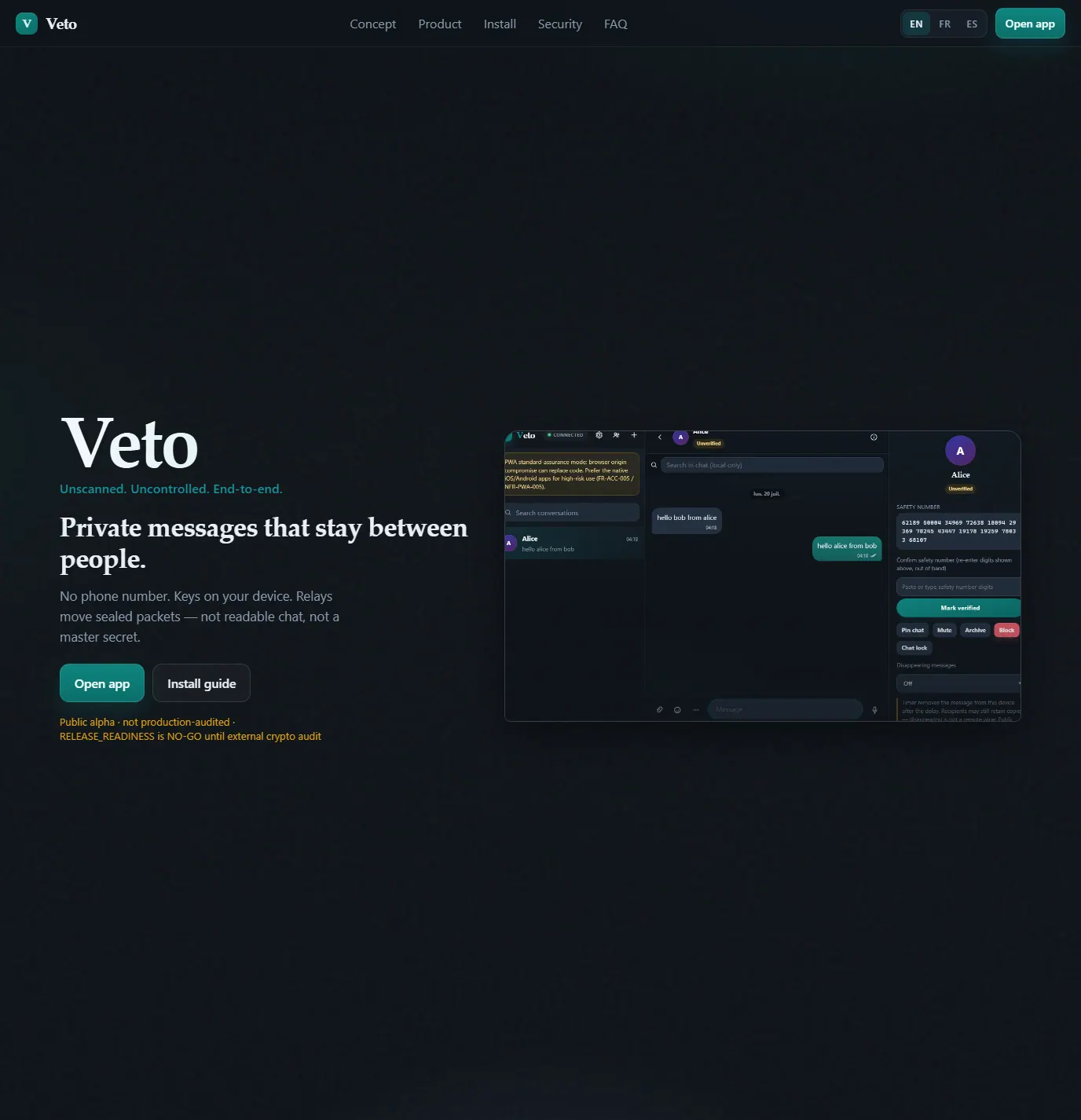 Página de inicio: selector de idioma (EN, FR, ES), vista de la app y aviso de alpha pública.