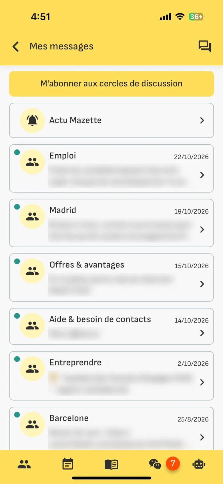 Messages in the Réseau Mazette app: a button to subscribe to discussion circles, and circles by topic and city with unread dots and blurred previews (French interface)