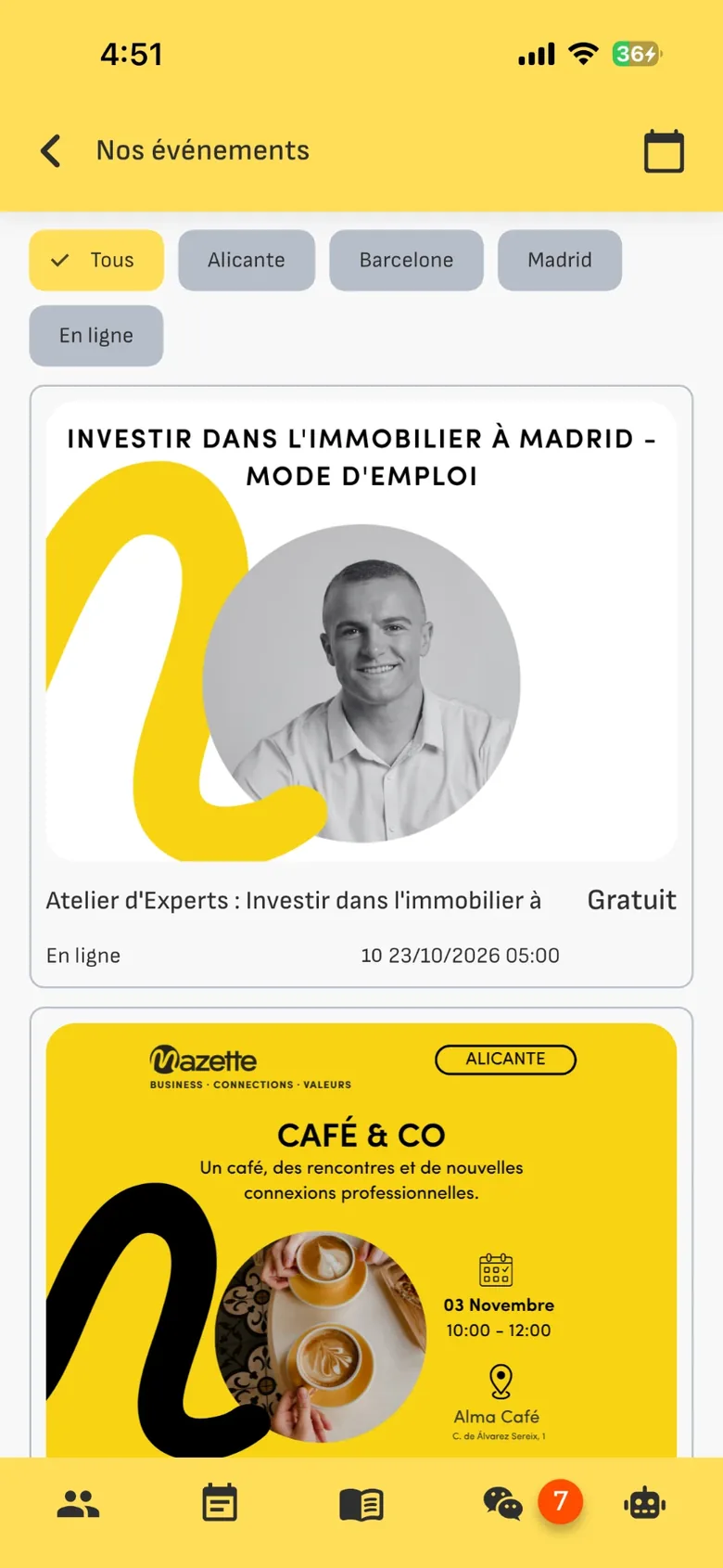 Events list of the Réseau Mazette app with Alicante, Barcelona, Madrid and online filters, and cards showing a poster, place or online, date and price (French interface)